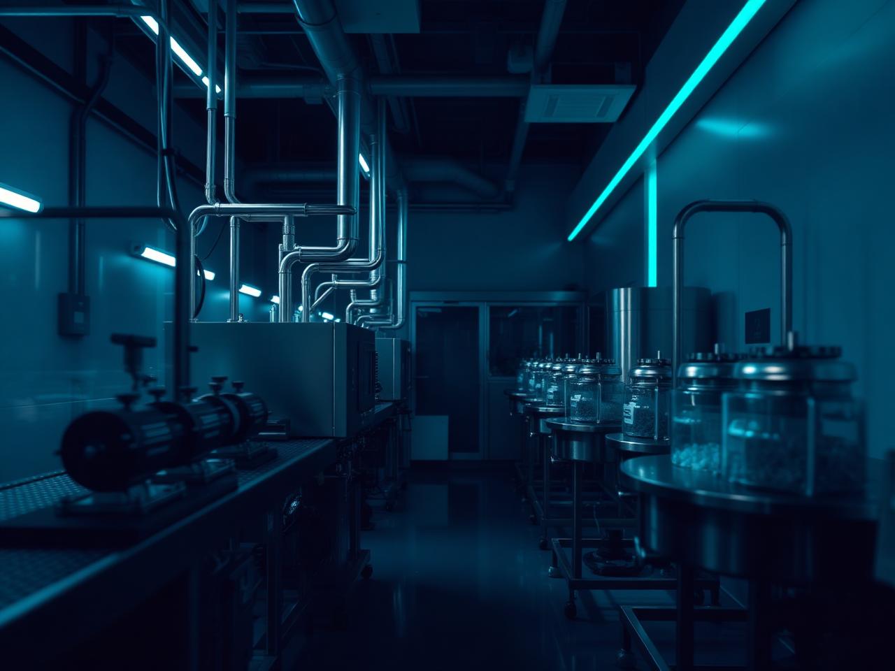 GMP pharmaceutical cleanroom production suite with stainless steel equipment