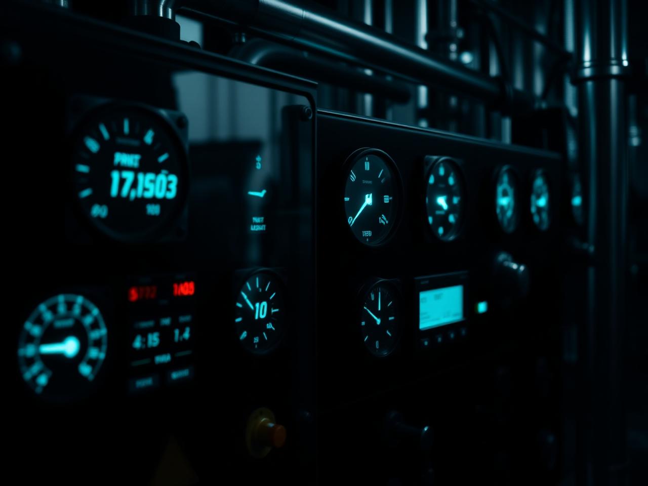 Process control panel with glowing gauges in a manufacturing plant